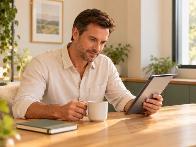 A business owner reading a short brief on a tablet with a coffee at a sunlit table